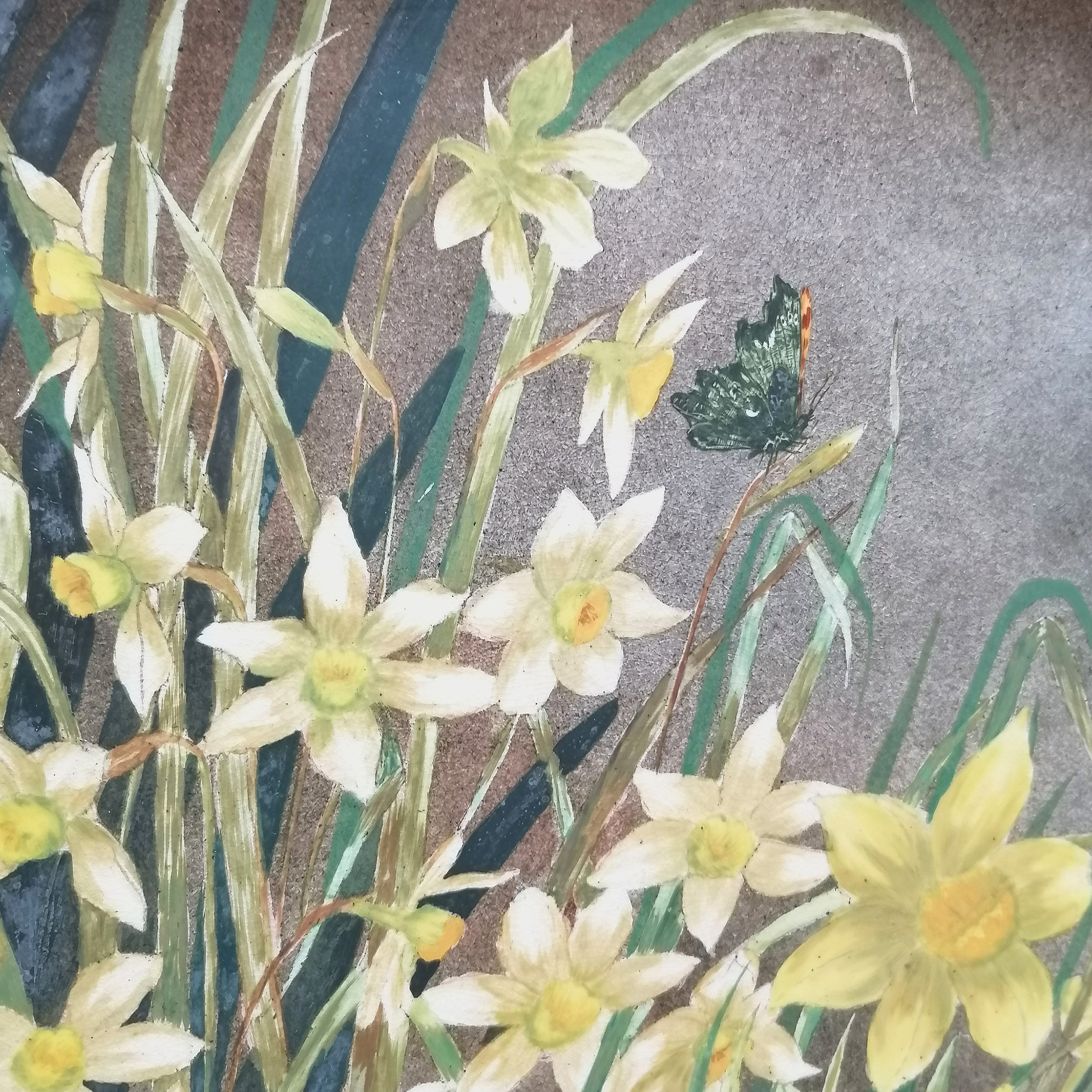 1883 May J Heyworth hand painted pottery wall charger titled 'Narcissus & daffodils' (with butterfly - Image 7 of 8