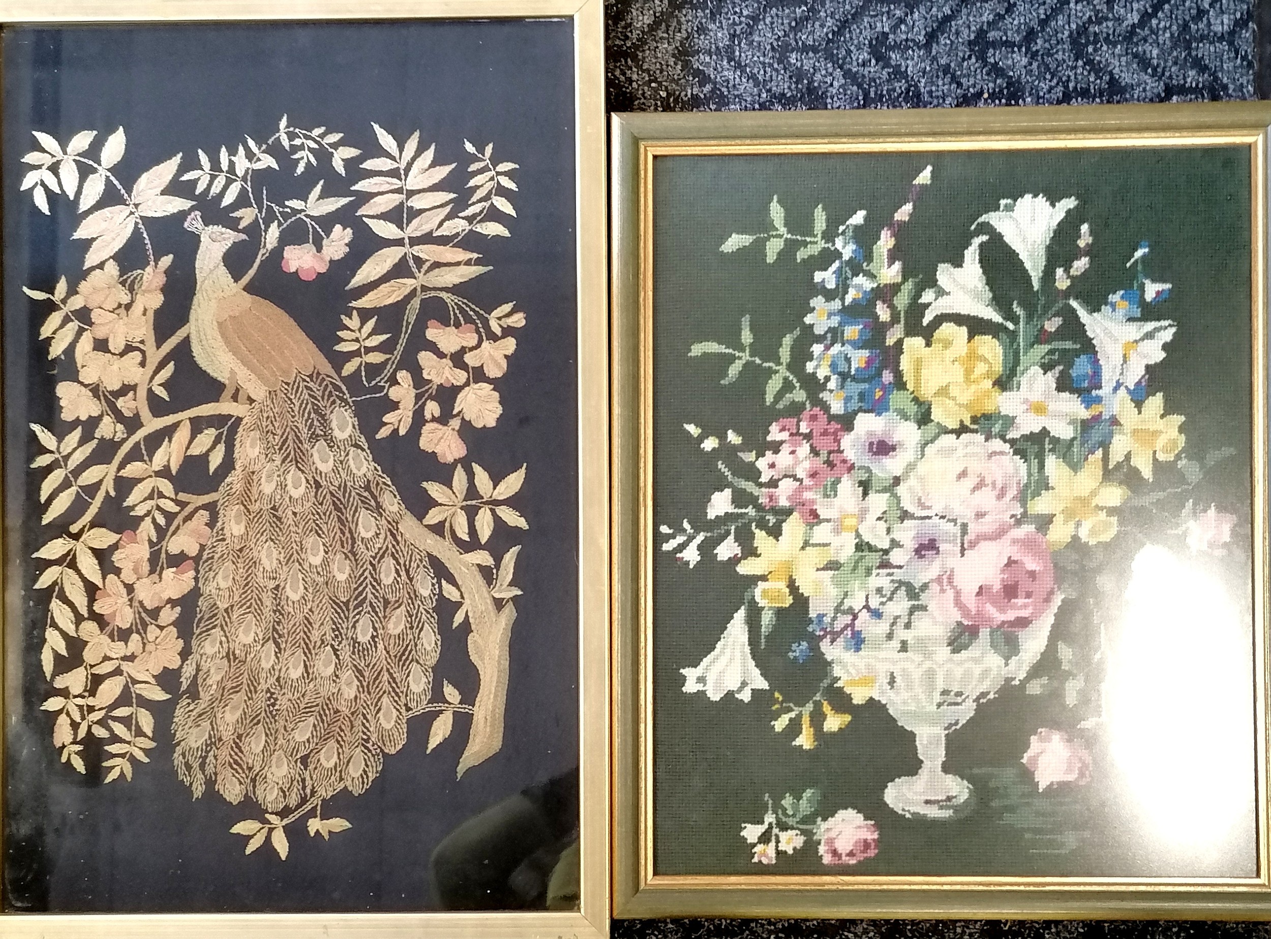 Framed needlepoint of a peacock, 46 cm wide x 69 cm high, to include frame, and a floral display - Image 2 of 2