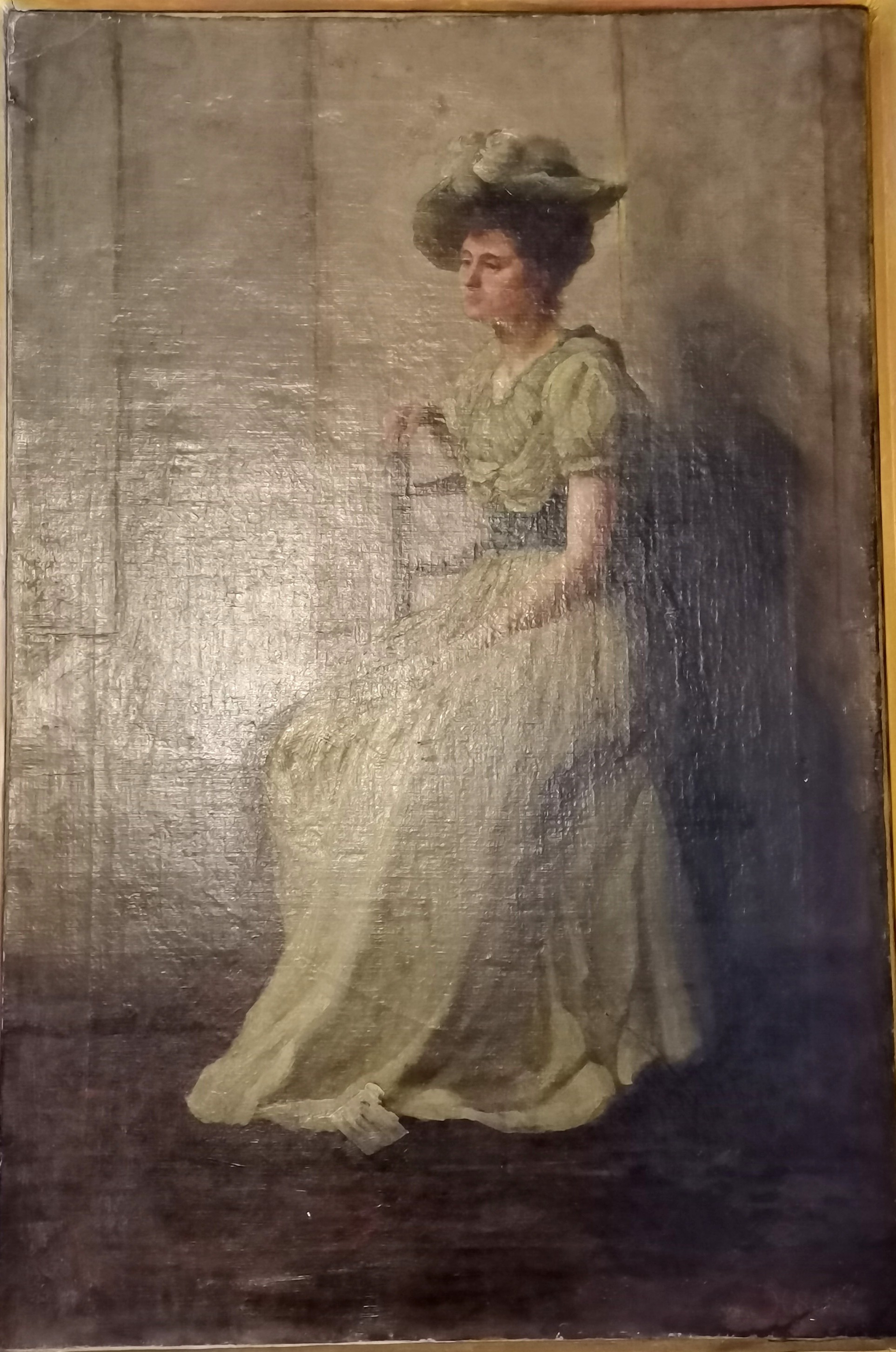 Large oil on canvas painting of a seated lady (self portrait?) by Harriet Staite - frame 116cm x - Image 3 of 8