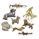 8 x vintage / antique dog costume brooches inc porcelain, dachshund, poodle, Art Deco etc -