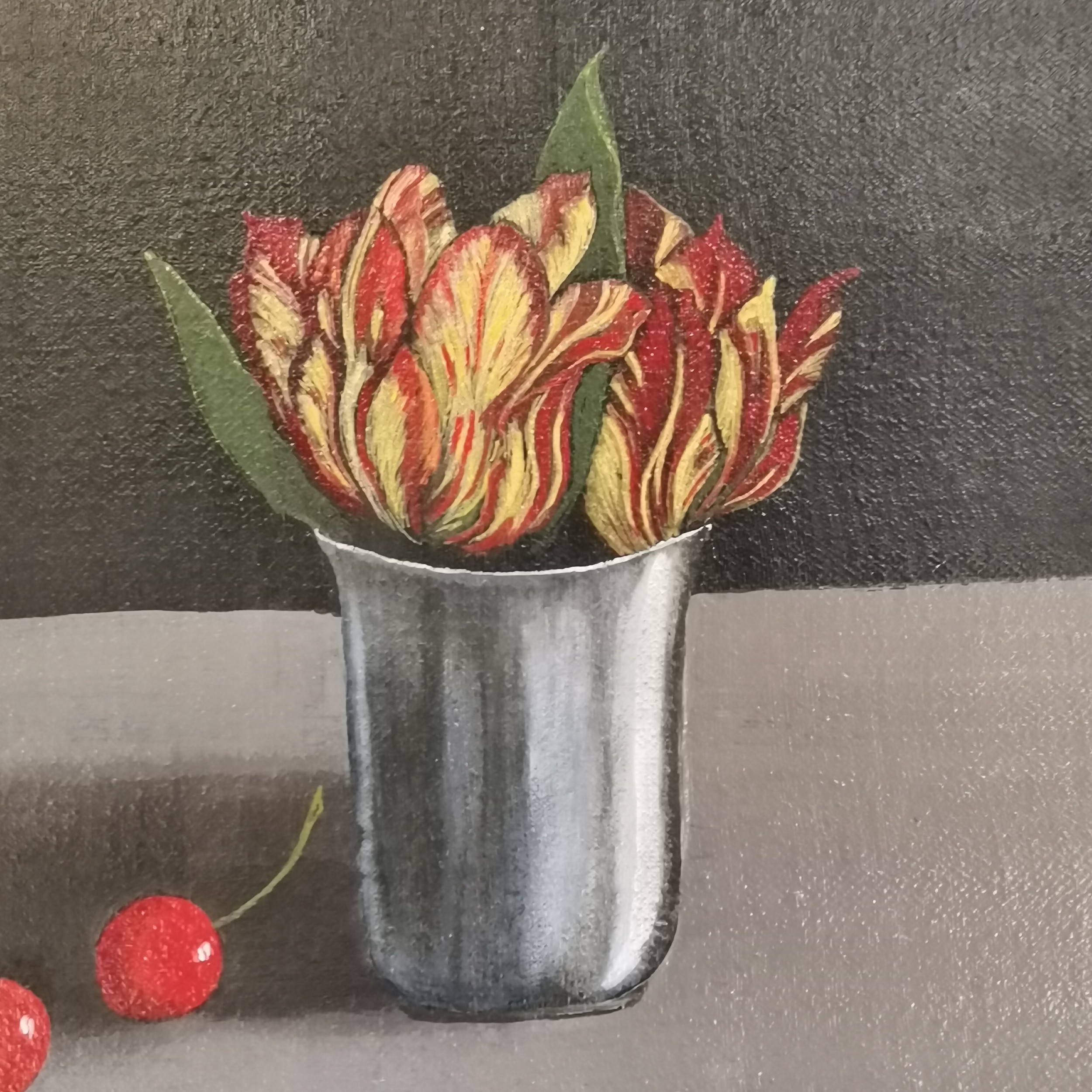 Wenzy- Loder 05 French Oil on canvas still life study of a basket of cherries, vase of tulips & a - Image 2 of 6