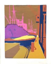 Mary Jacobsen (née Futo) 1964 screen print of the London docks signed and dated 63cm x 52cm - some