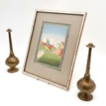 Pair of Antique (?) Eastern brass rosewater sprinklers - 22cm high, t/w framed indian watercolour of