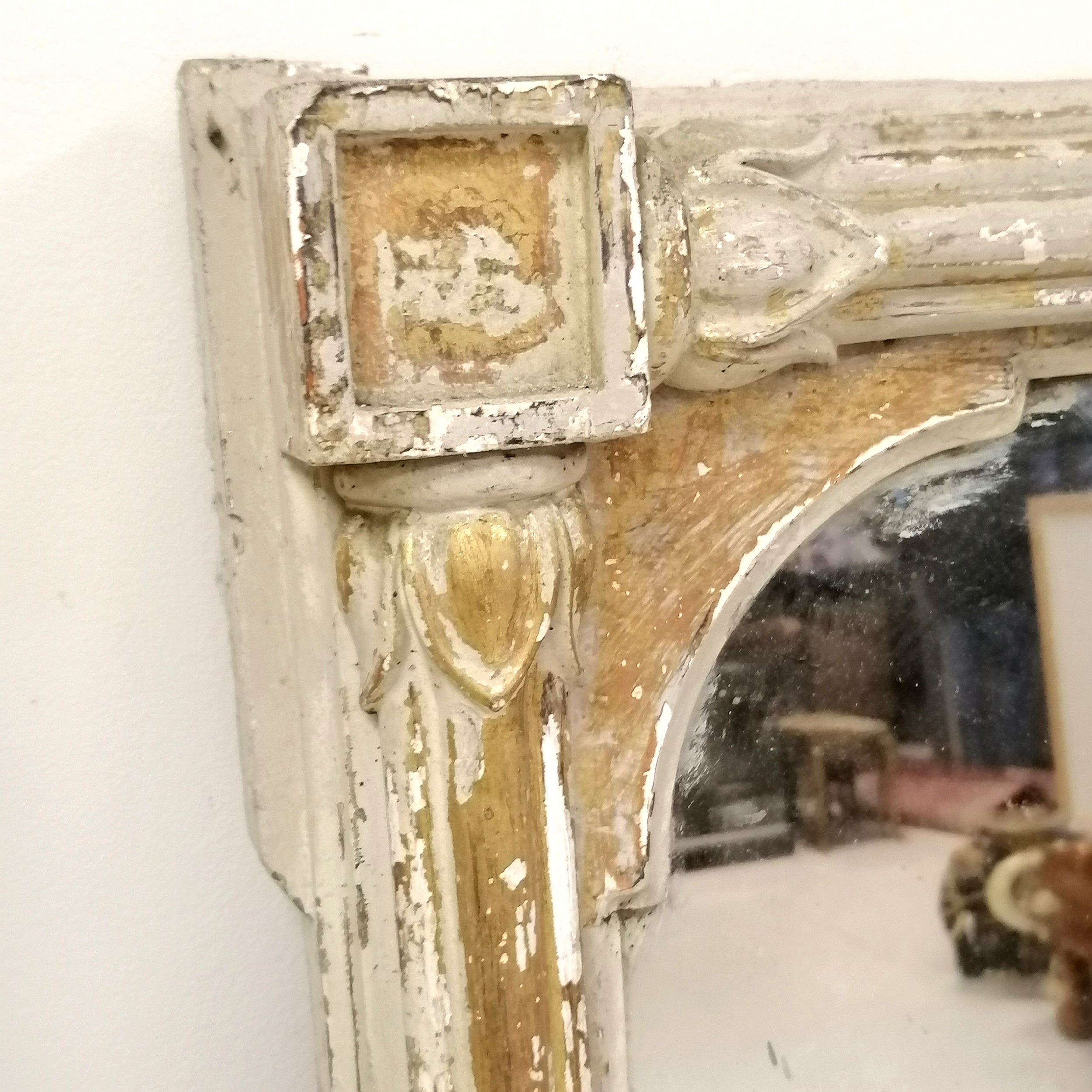 Large Antique wall mirror with gilt and painted distressed frame, some losses to frame and foxing to - Image 3 of 3