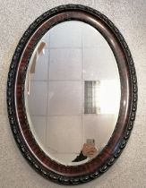 Antique large oval wall bevel edged mirror with faux wood scumble detail - 88cm x 63cm and has