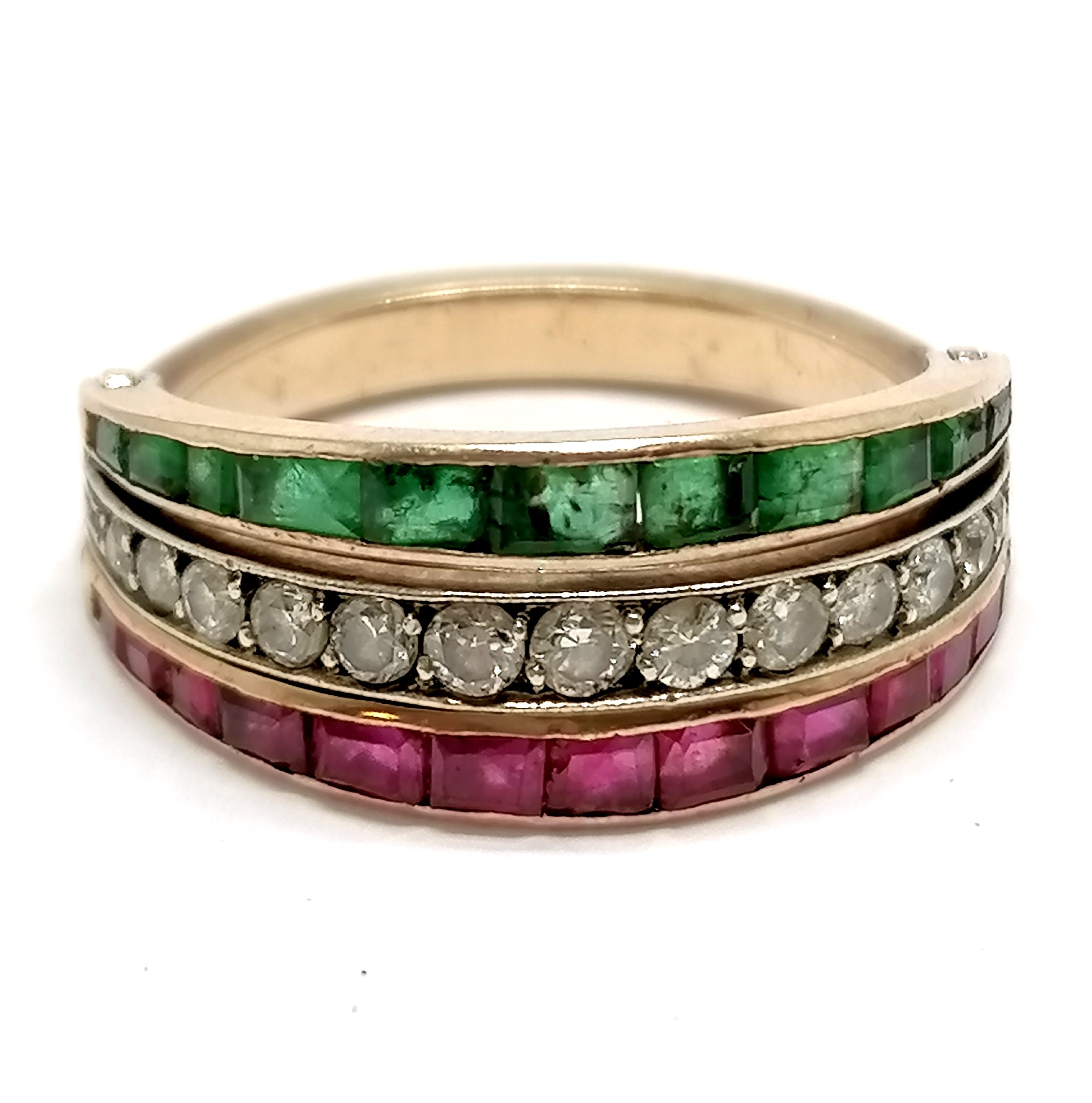 Unmarked gold reversible / flip over ring channel set with diamond / ruby / emerald - size R½ & 5.3g - Image 2 of 4