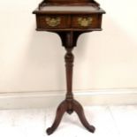 Antique mahogany 2 drawer smokers table with tripod base and galleried top, with marks and rings, 41