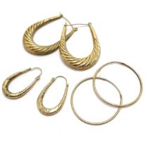 3 pairs of 9ct marked gold earrings - largest hoop 3.5cm drop (slight dents) - total weight (lot)