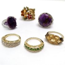 6 x silver stone set rings inc silver gilt, citrine, flowers etc - total weight 35g