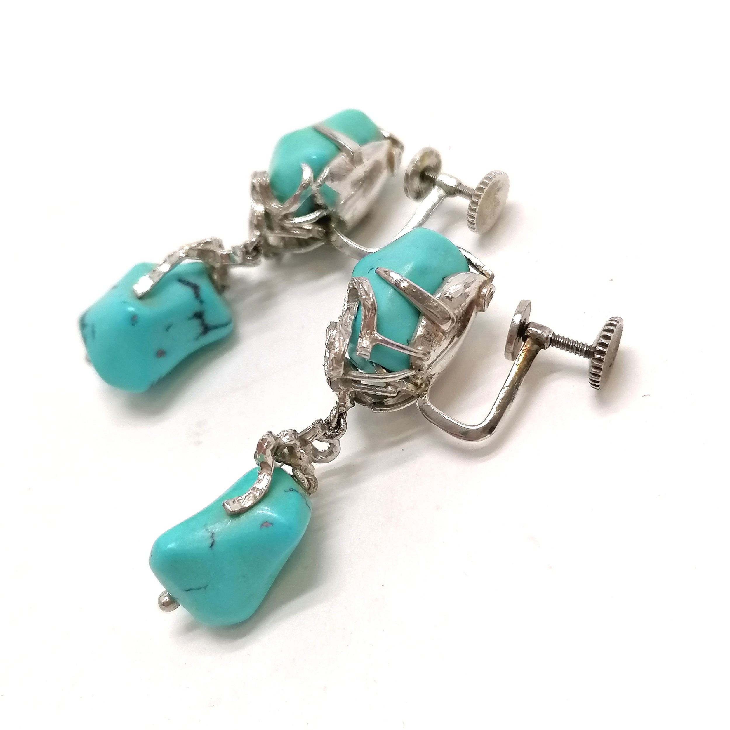 14ct marked white gold 1970's turquoise set screw back drop earrings - 4cm & 16.8g total weight - Image 3 of 3