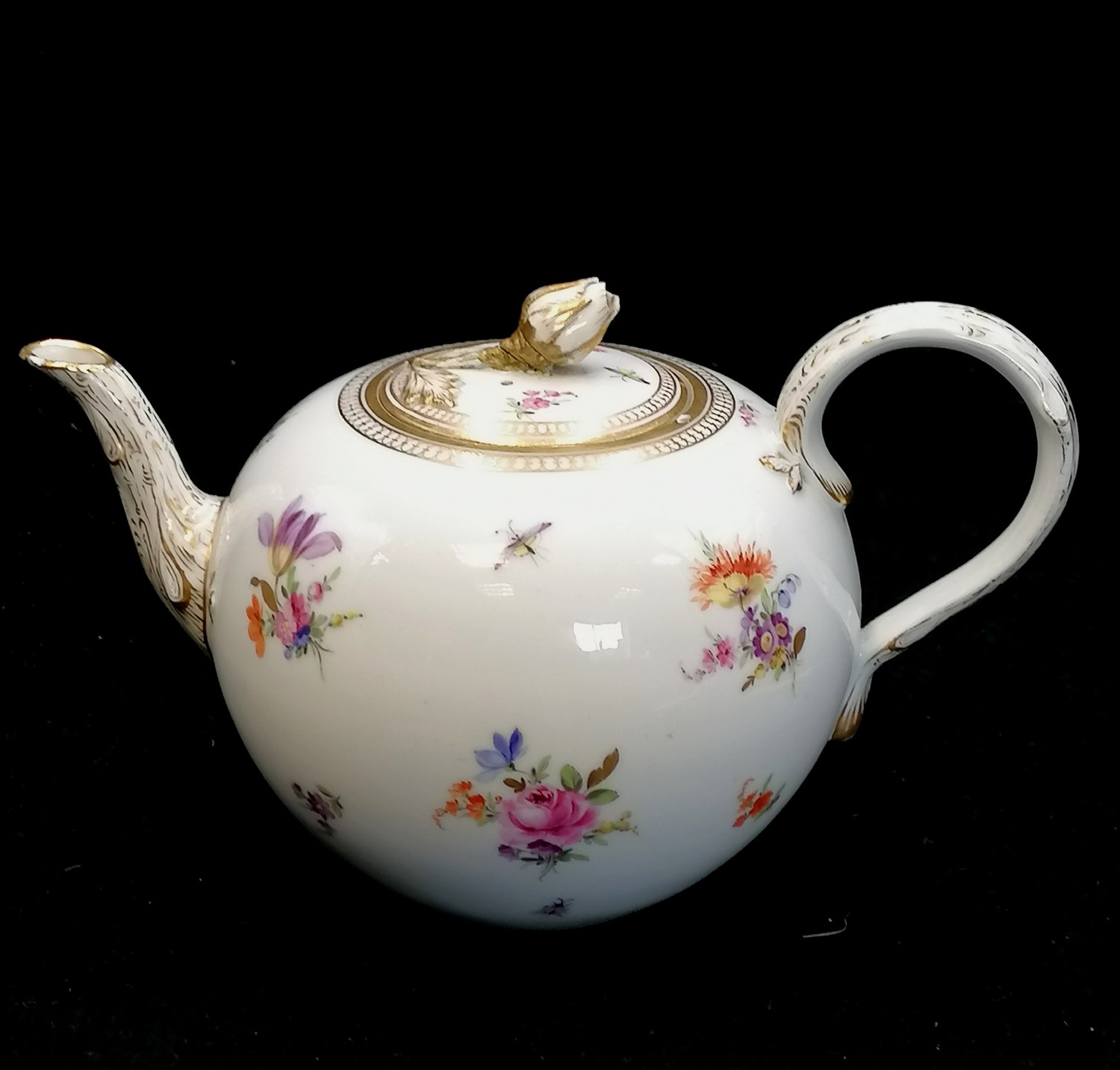 Antique Meissen marked hand decorated teapot with flower & bug decoration - small chip & rub to