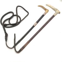 Swaine antique leather riding crop with antler horn handle T/w a Swaine & Adeney Ltd silver
