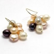 Pair of 14ct marked gold multi coloured pearl drop earrings - 6.6g total weight