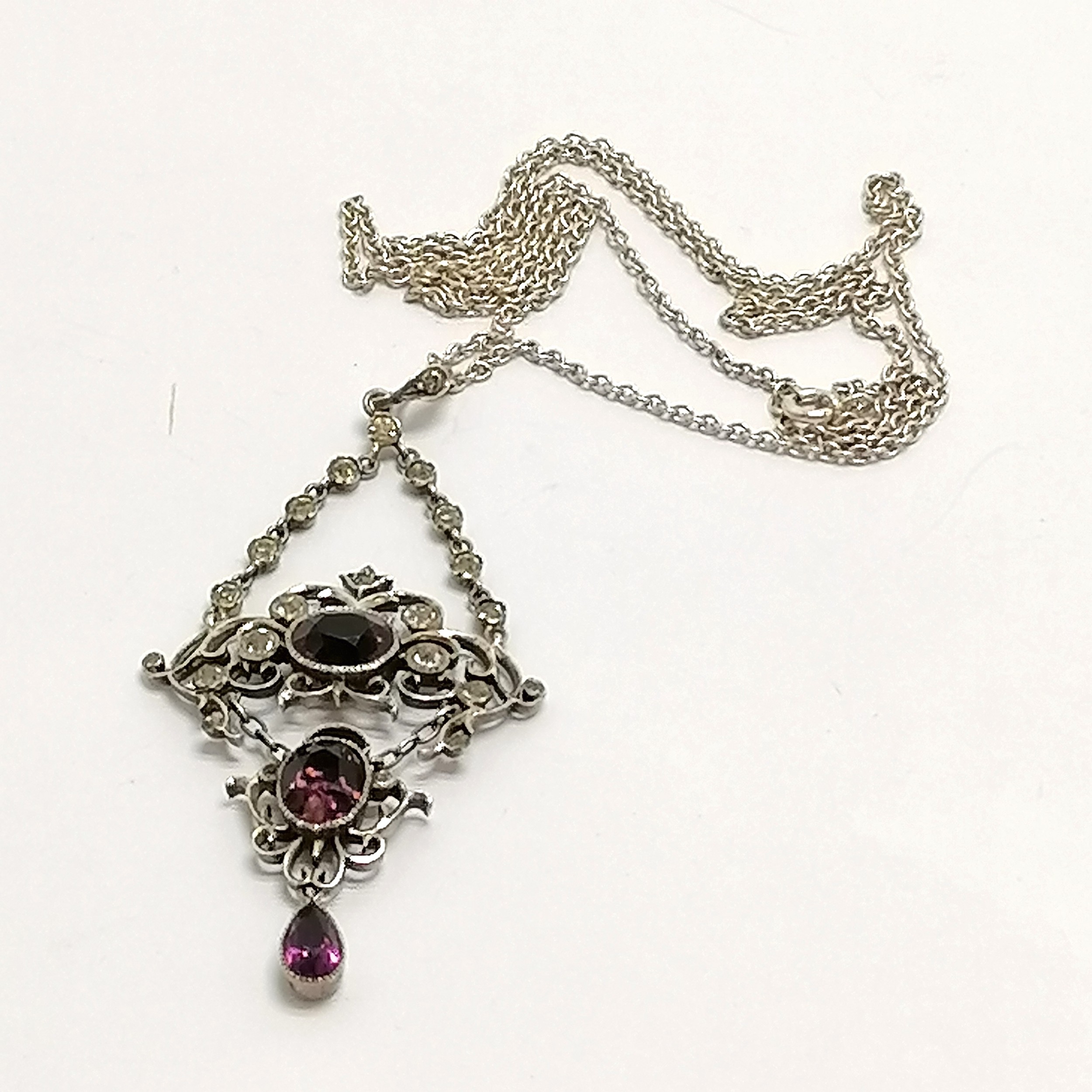 Antique unmarked silver paste purple + white stone set pendant (6.5cm drop) on a silver 60cm chain - - Image 3 of 3