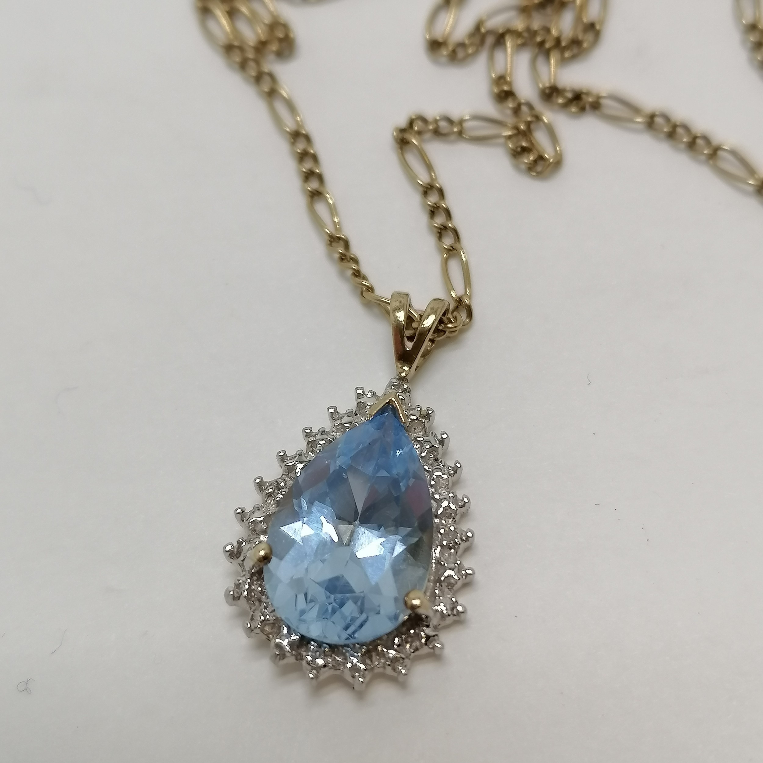 9ct hallmarked gold pear shaped blue topaz & diamond pendant on 9k marked gold 44cm chain - total - Image 3 of 3