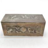 Unmarked Asian silver hinge lidded box with embossed animal detail - 13cm x 5.4cm x 5.5cm high &