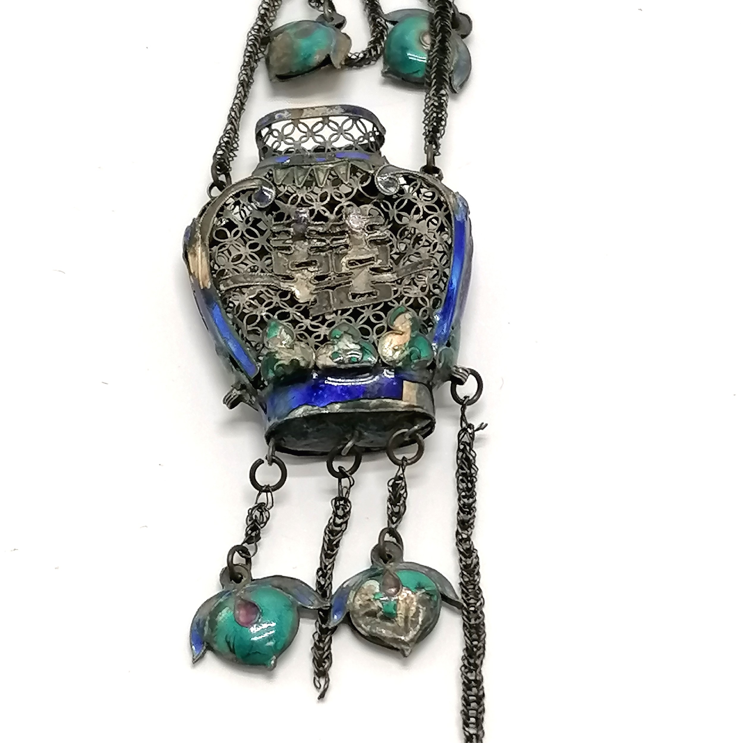 Antique Chinese unmarked silver & enamel hanging decoration - 18cm drop ~ 20g total weight & has - Image 4 of 5