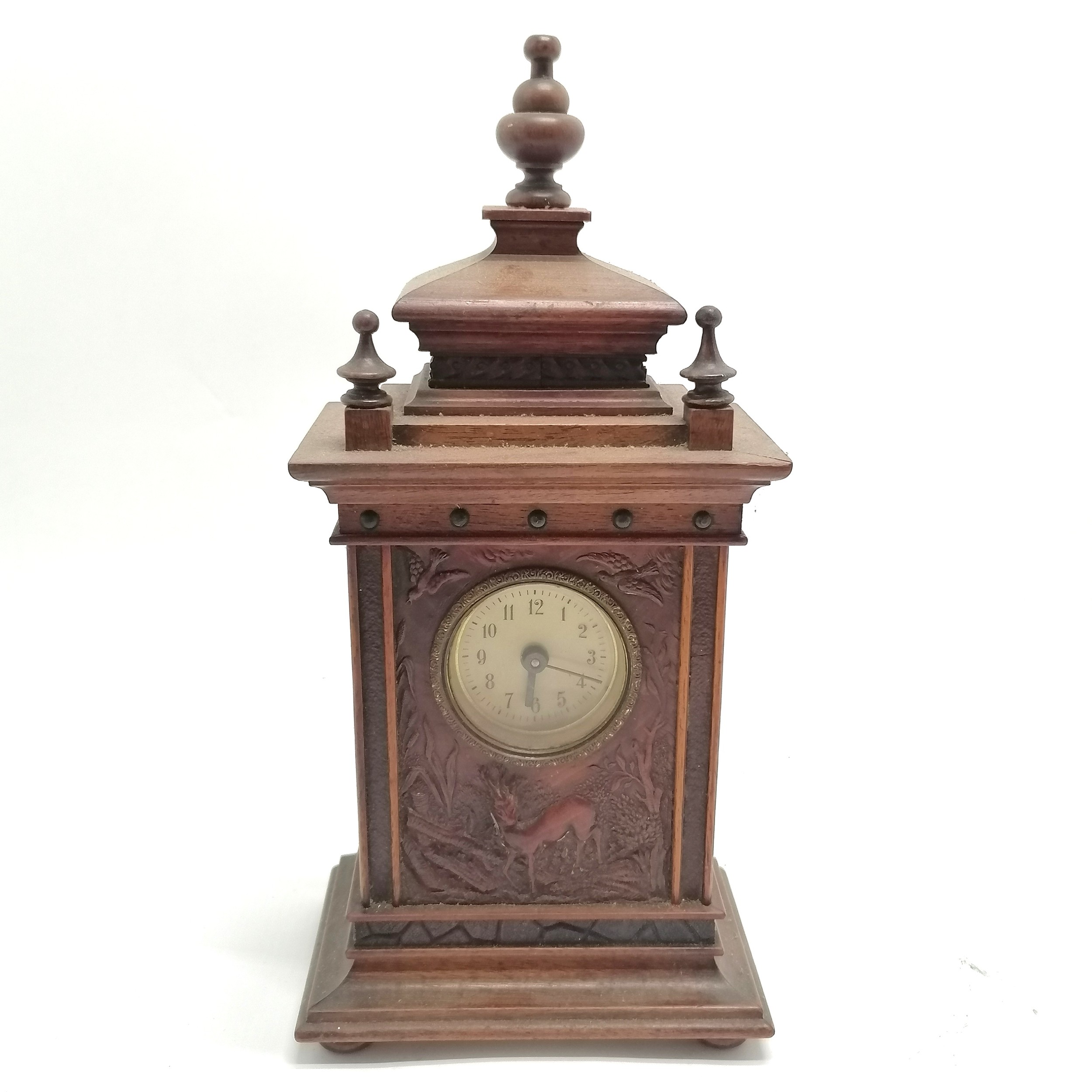 Black forest hand carved wooden clock with front panel decorated with deer & birds - 29cm high x
