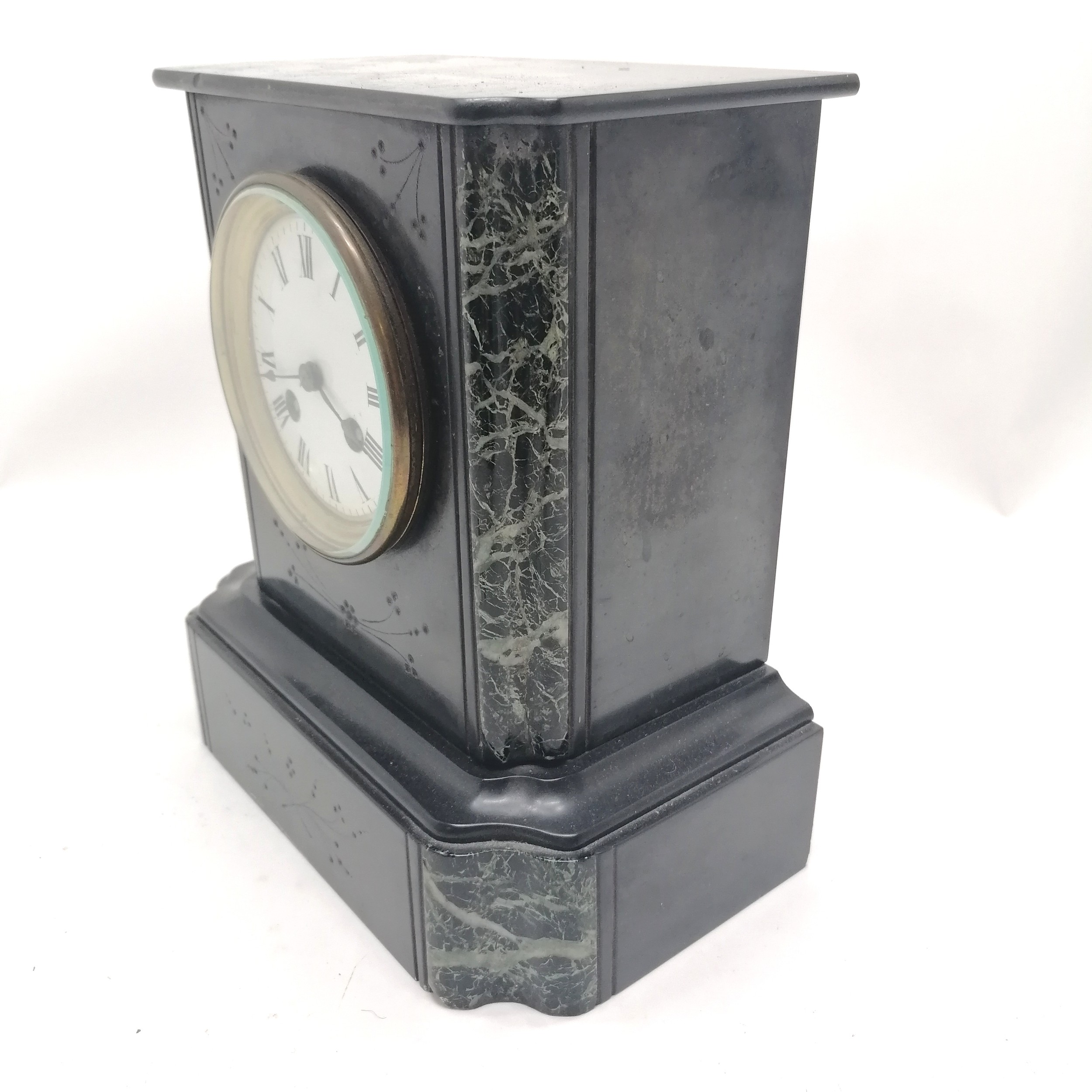 Antique slate and marble mantle clock with bell strike movement 24cm high x 22cm x 13cm with key and - Image 3 of 3