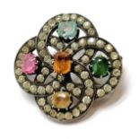 Antique unmarked silver multi-coloured paste set brooch - 3cm across & 9.9g total weight ~ has a