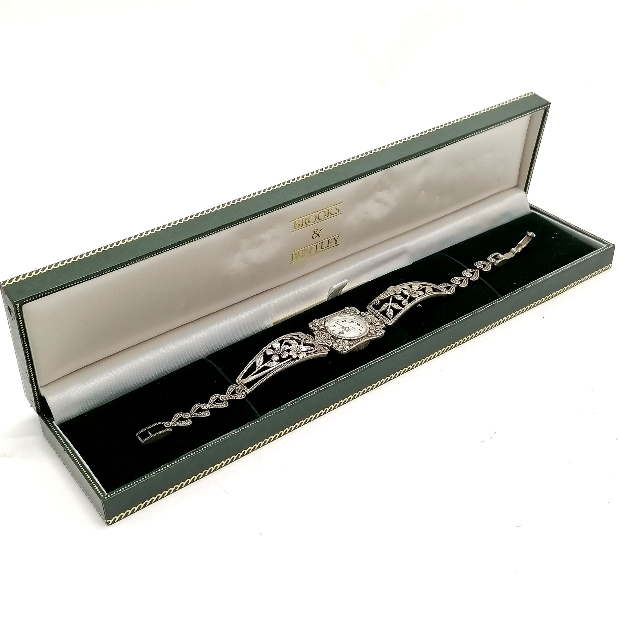 Sterling silver quartz ladies wristwatch with marcasite stone set detail - 18cm long & 25g in a