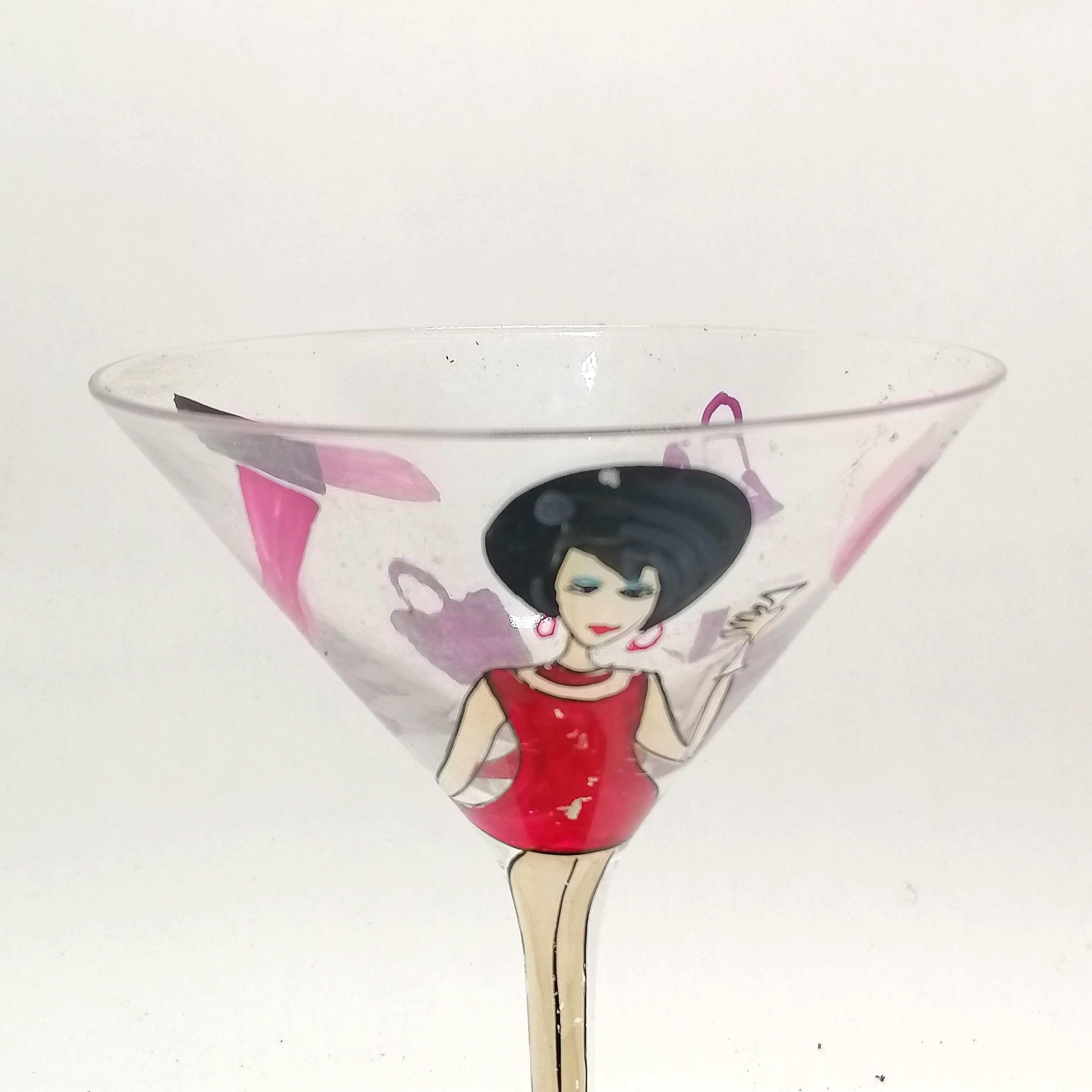 Pair of novelty cocktail glasses with hand decorated 1960's fashion - 19cm high x 12cm diameter - Image 5 of 5