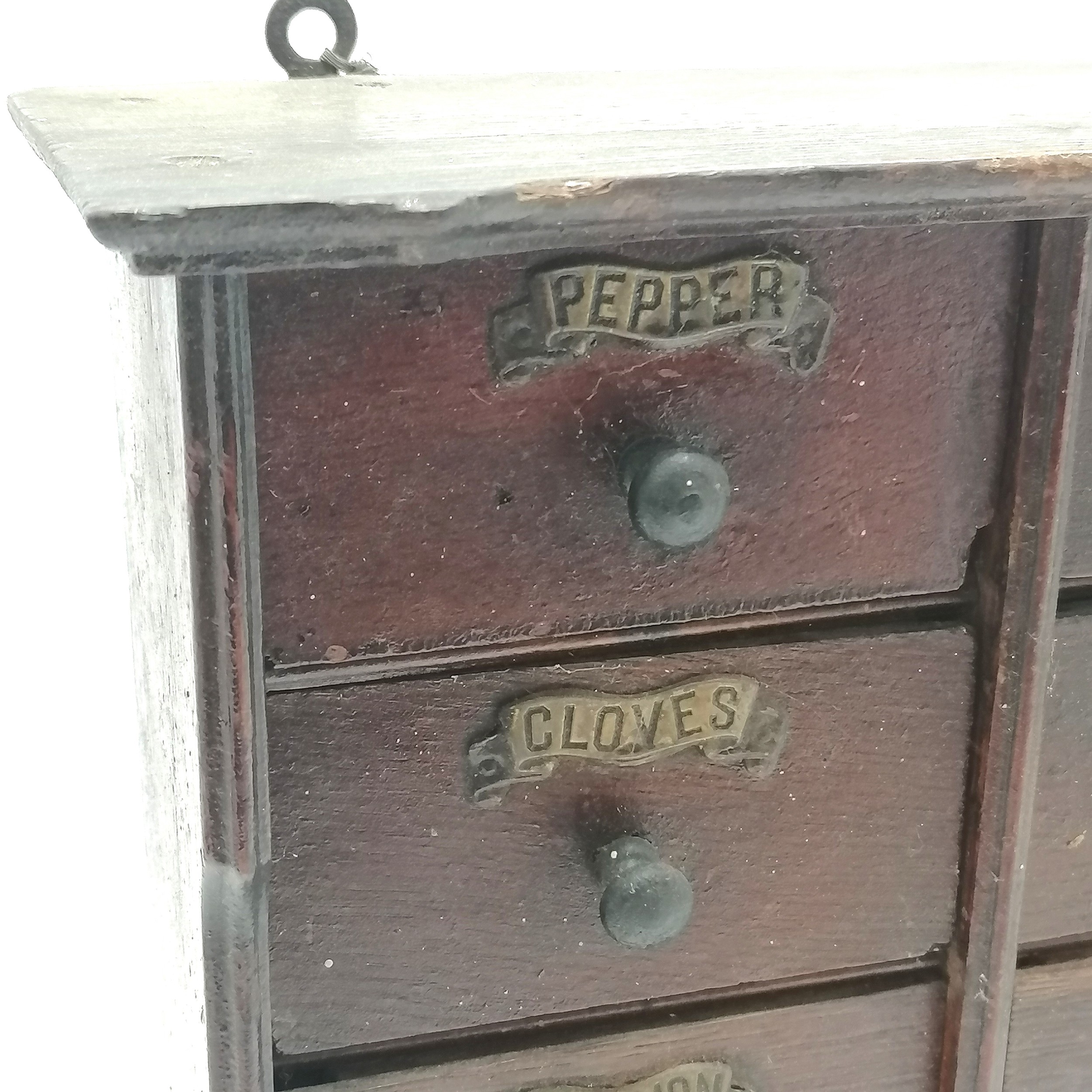 Antique wooden spice cabinet with 9 drawers & with original metal labels - 32cm high x 26cm wide x - Image 4 of 4
