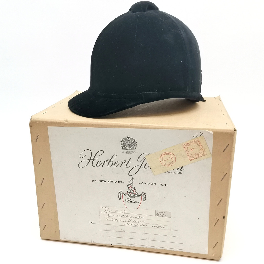 Herbert Johnson (New Bond street) vintage velvet covered riding hat in original retail box ~ in used