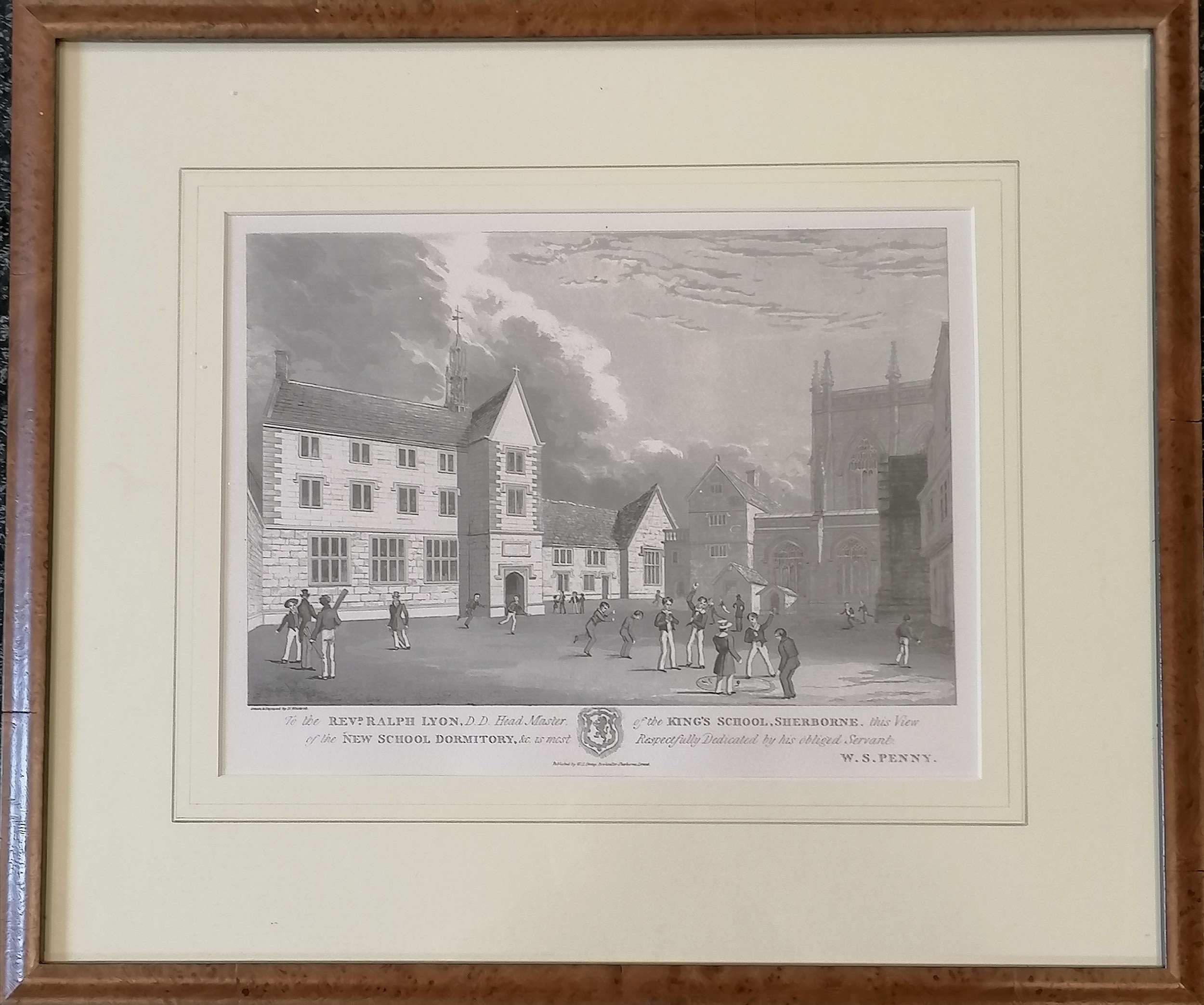 Of local interest - Sherborne print of Kings School - maple frame 43cm x 51cm