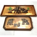 Framed copper plaque mounted with an elephant family, with some hand painted scenery, missing some