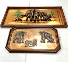 Framed copper plaque mounted with an elephant family, with some hand painted scenery, missing some