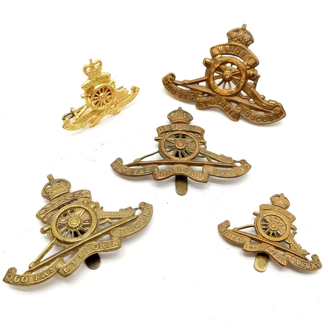 5 x Royal Artillery military badges - 3 largest 7cm wide (under crown 2 have Ubique 1 has laurel