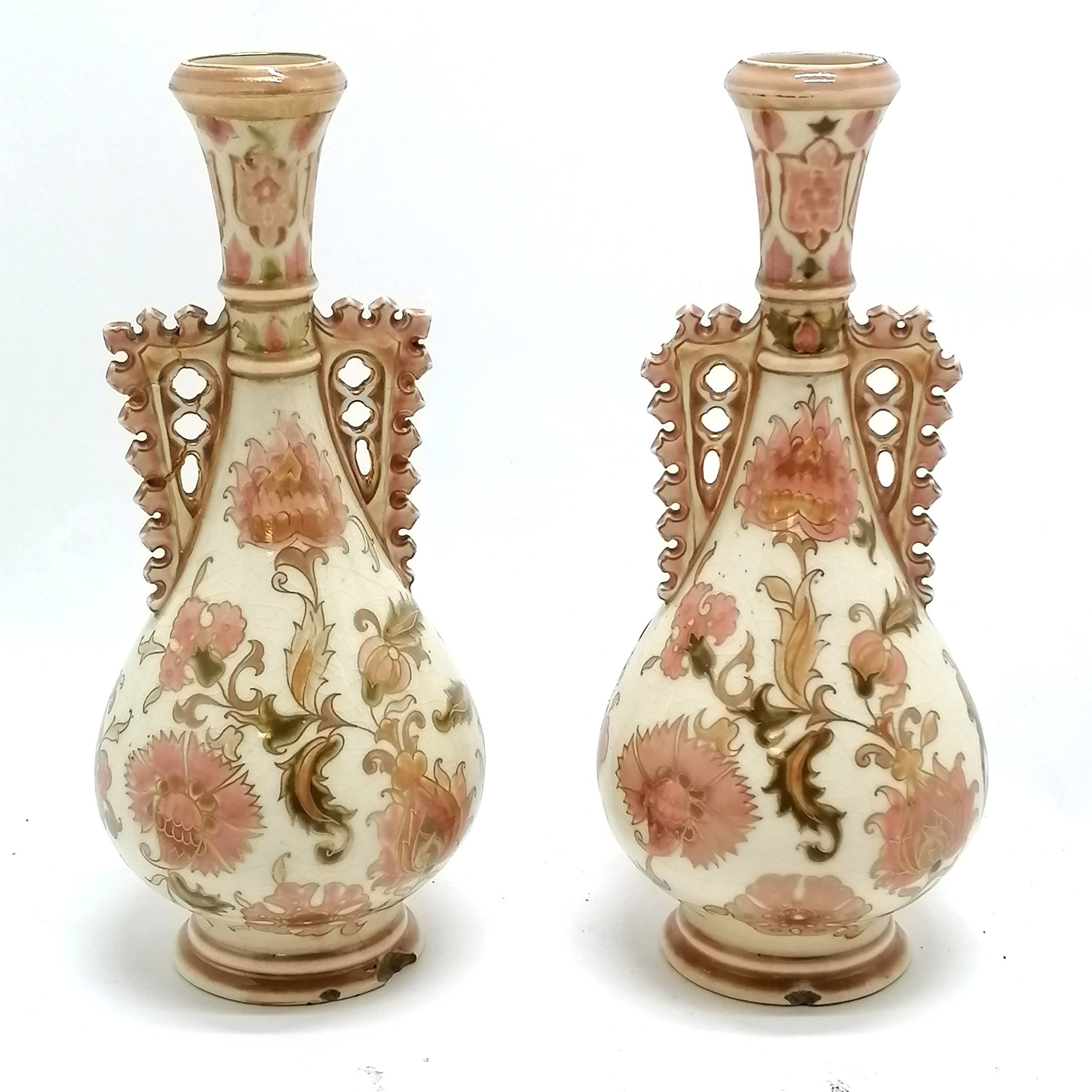 Zsolnay (Pecs, Hungary) pair of decorative vases - 21cm high & both are a/f - Image 8 of 8