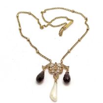 Antique unmarked gold garnet / pearl / diamond set necklet - approx 34cm & 7g total weight ~ garnets