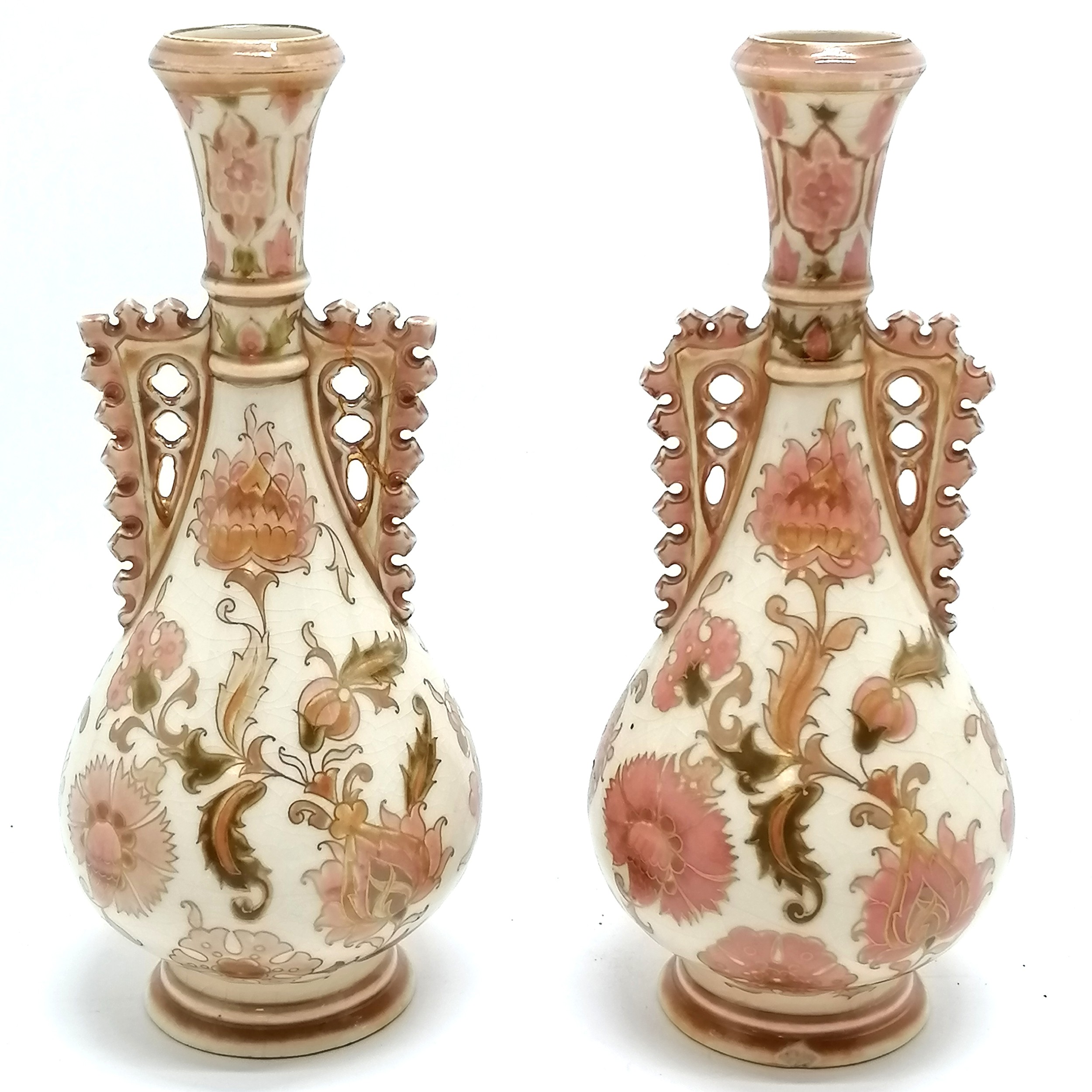Zsolnay (Pecs, Hungary) pair of decorative vases - 21cm high & both are a/f