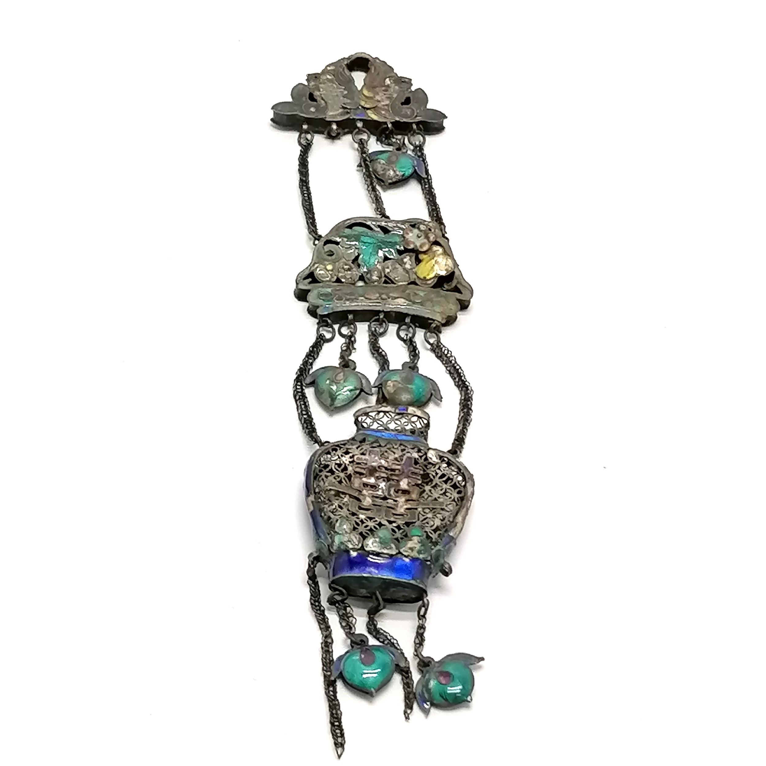 Antique Chinese unmarked silver & enamel hanging decoration - 18cm drop ~ 20g total weight & has