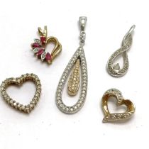 5 x 9ct gold (ruby pendant unmarked) diamond set pendants - longest 4cm & total weight (5) 5.8g