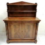 Antique mahogany chiffonier, 2 tier shelf above 2 door cupboard, flanked by turned column