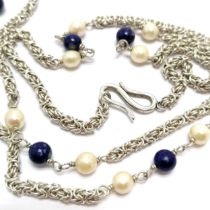 Unmarked silver hand made natural (?) pearl & lapis bead 68cm necklace - 25g total weight - SOLD
