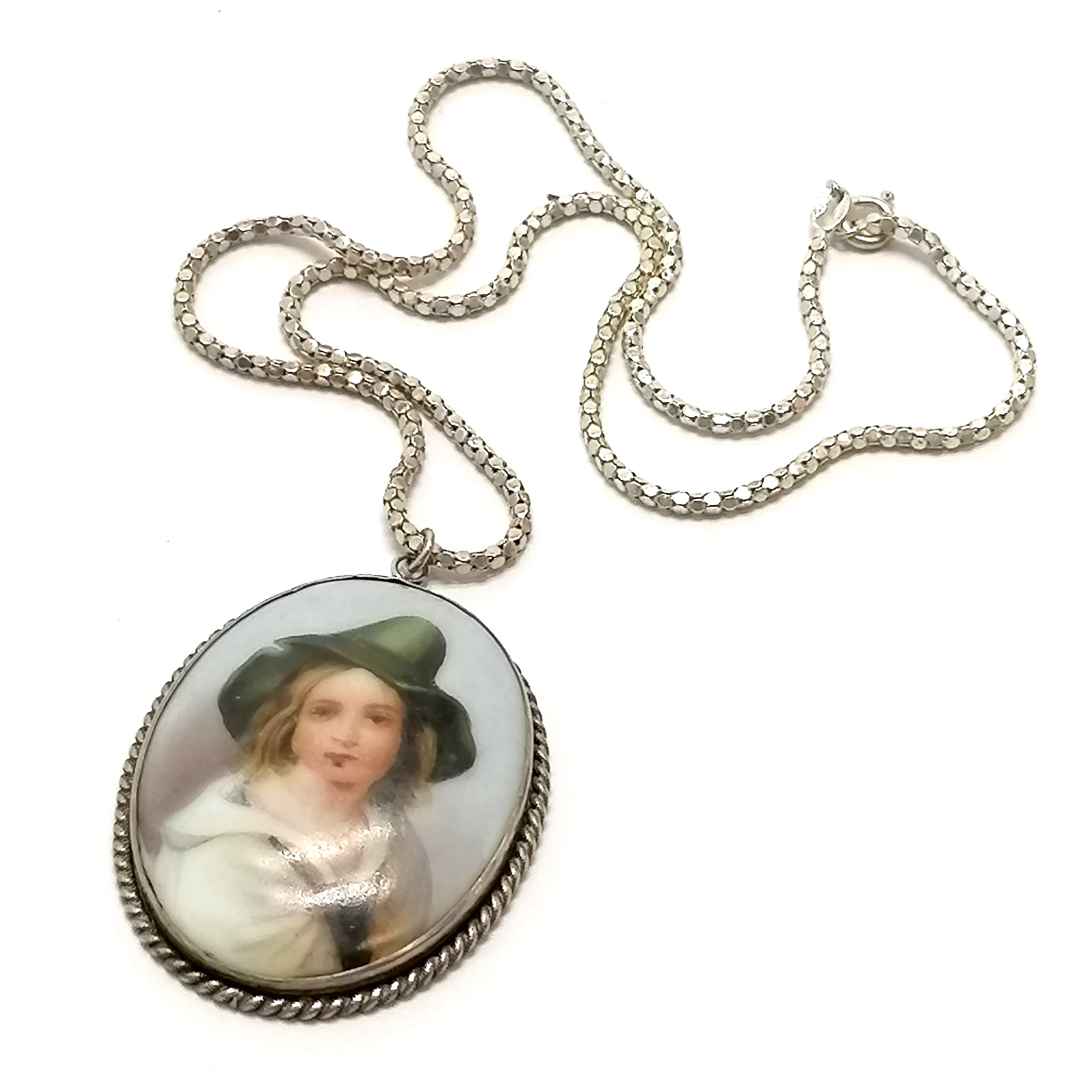 Antique unmarked silver mounted porcelain portrait panel pendant (5cm and chipped to the reverse) on