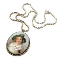 Antique unmarked silver mounted porcelain portrait panel pendant (5cm and chipped to the reverse) on
