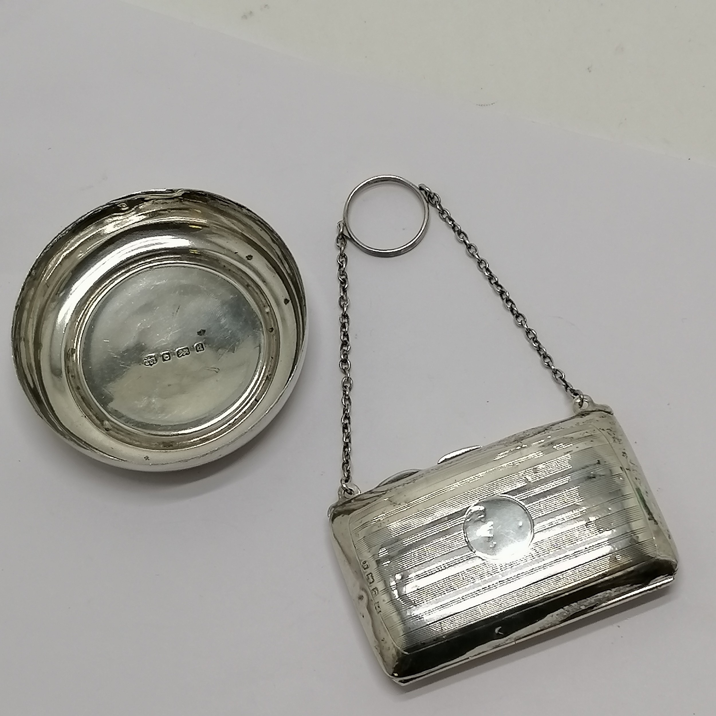 Silver hallmarked dish by T H Hazlewood & Co (8.5cm diameter) t/w silver cased finger purse ~