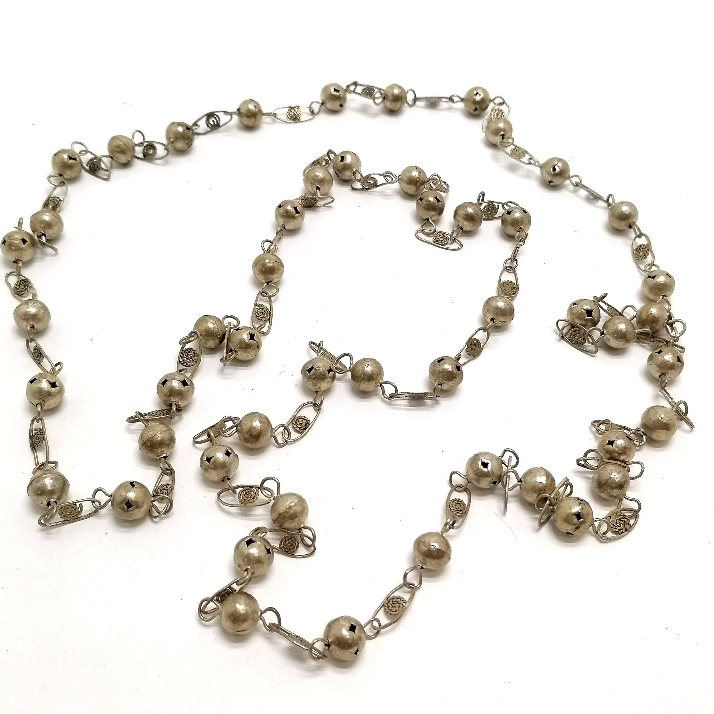 Hand made unmarked silver long chain necklace with bead & panel detail - 180cm & 75g - Image 2 of 2