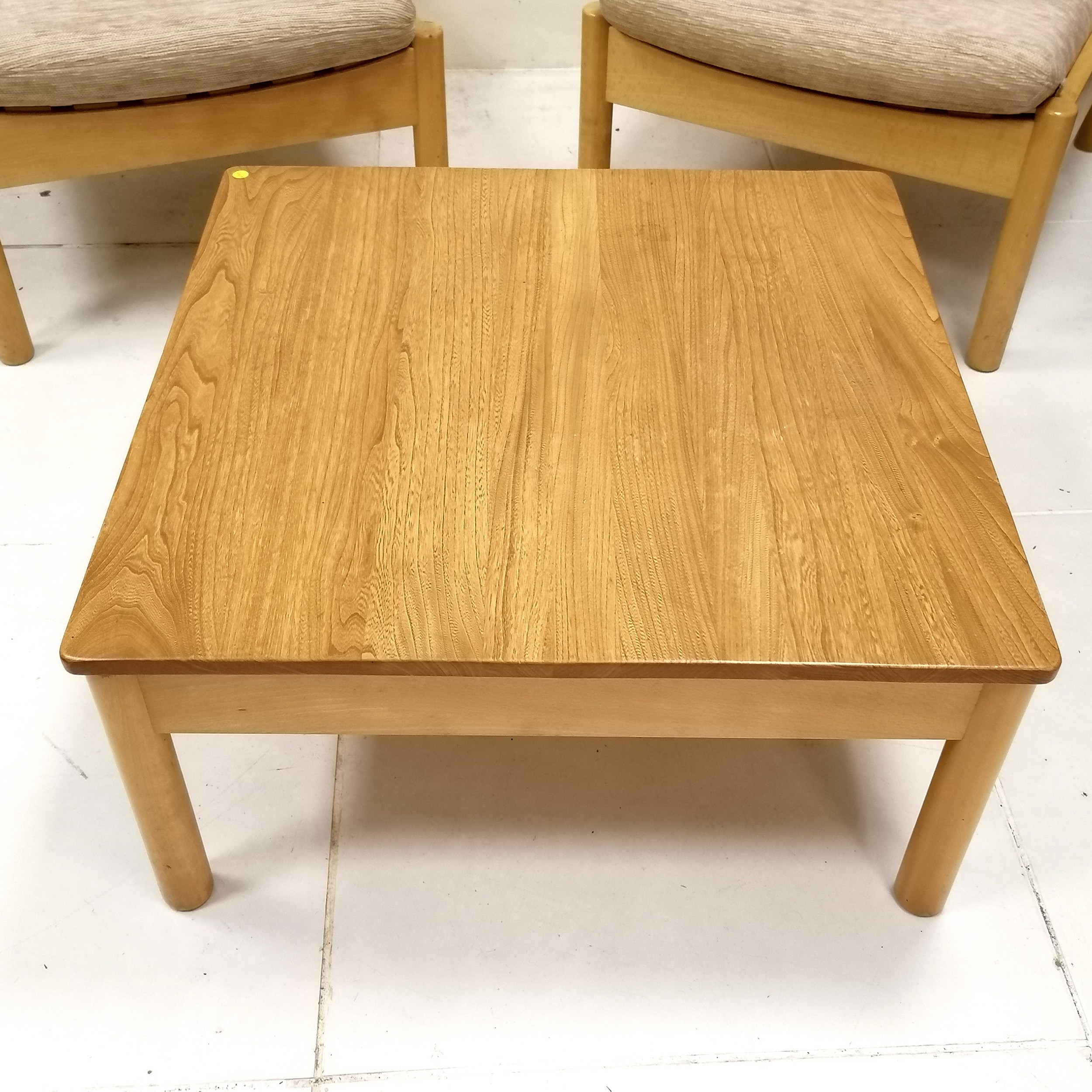 Pair of Blonde Elm Ercol easy chairs, with original oatmeal coloured upholstered cushions. in good - Image 6 of 7