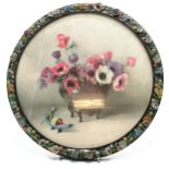 Antique circular barbola framed print of anemones by Elizabeth King - 42cm diameter & in good used