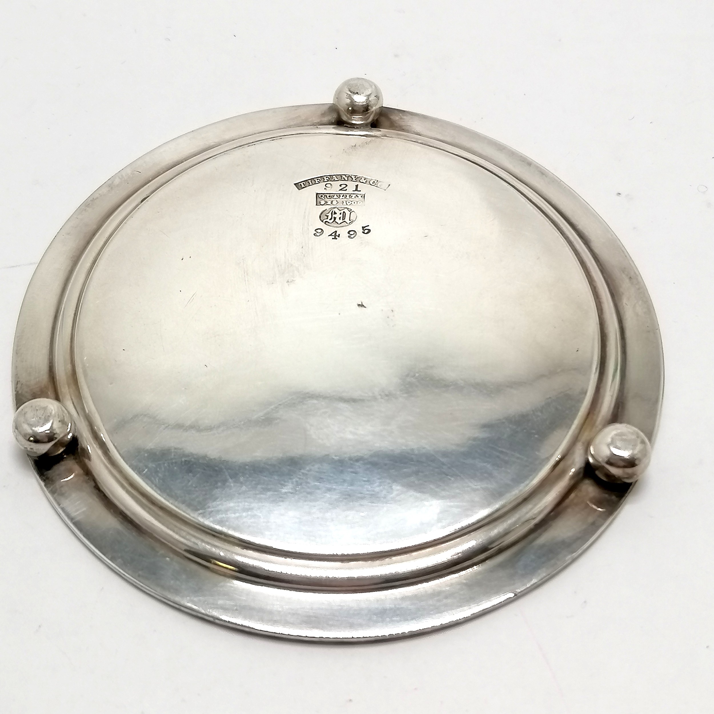 c.1863 Tiffany silver salver on 3 ball feet #9495 - 10cm diameter & 65g NOTE : M=Moore and this mark - Image 2 of 2