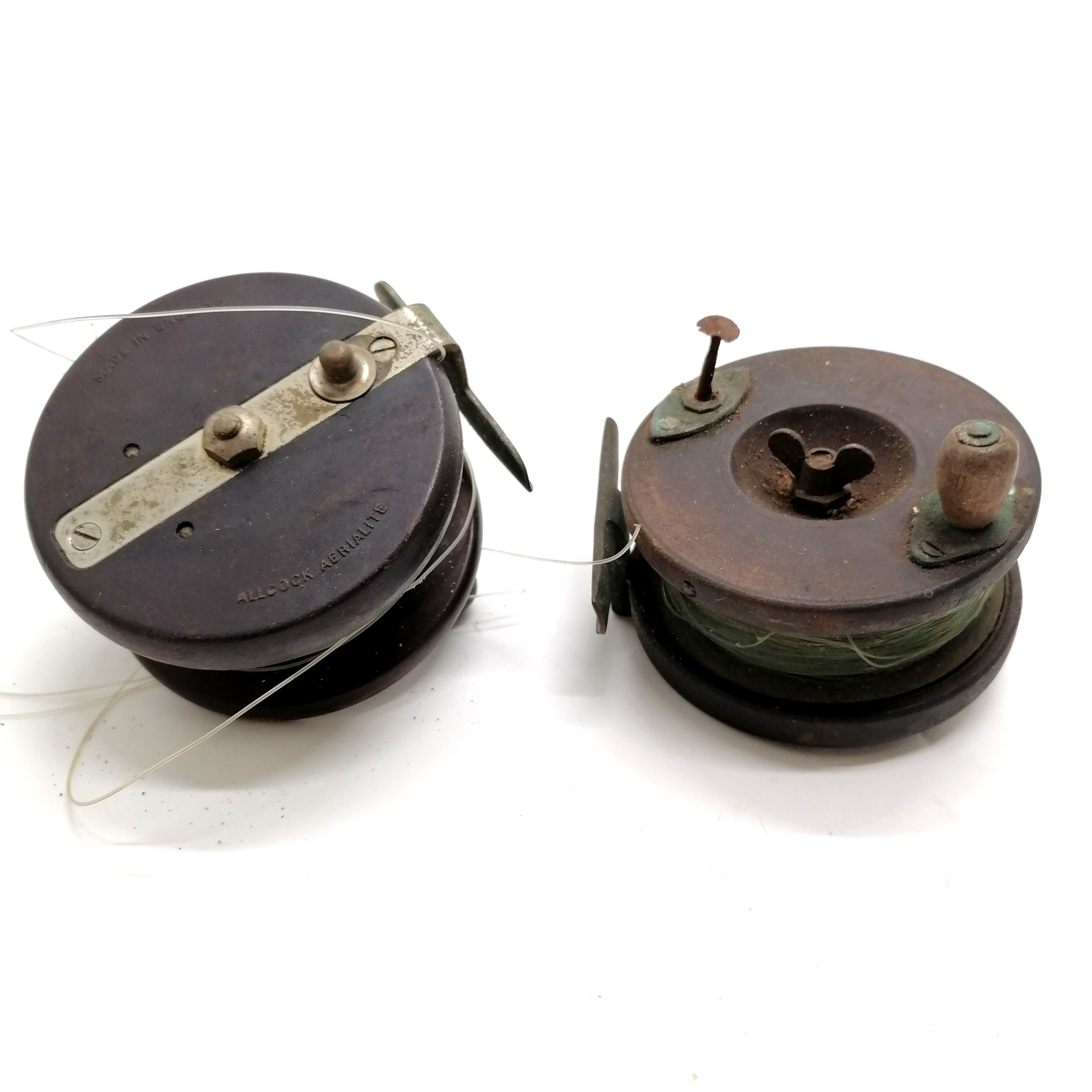 2 x vintage fishing reels inc Allcock aerialite (10cm diameter) - both in used condition and 1 has a