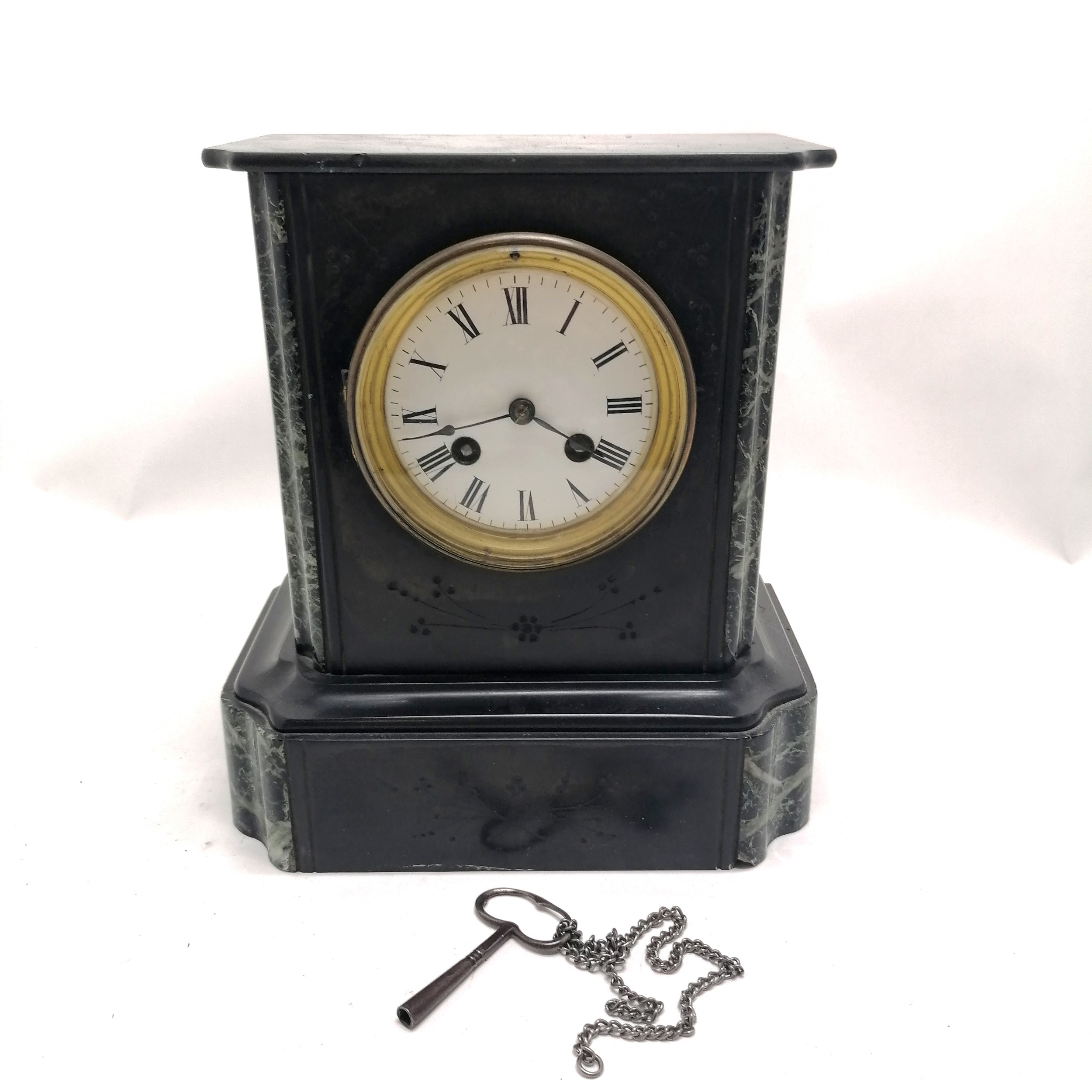 Antique slate and marble mantle clock with bell strike movement 24cm high x 22cm x 13cm with key and