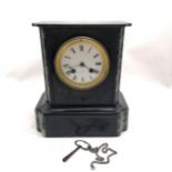 Antique slate and marble mantle clock with bell strike movement 24cm high x 22cm x 13cm with key and
