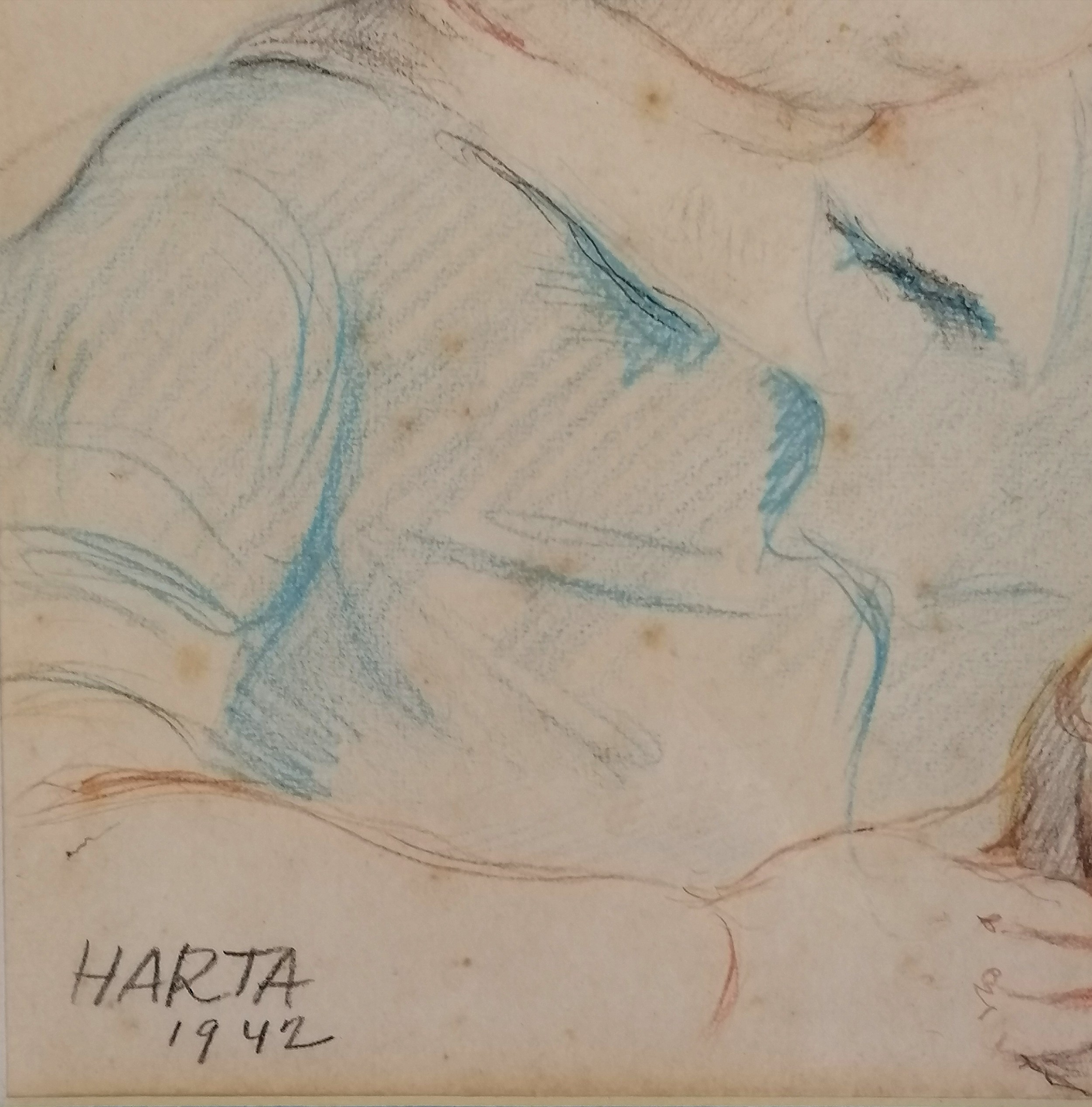 Felix Albrecht Harta (1884-1968) crayon sketch of young boy with toy horse dated 1942 - frame 58cm x - Image 2 of 3